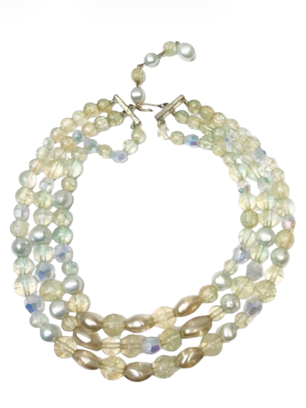 Vintage layered iridescent blue white triple stranded bead necklace